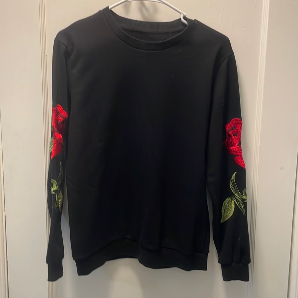 Black Pullover with Rose Embroidery